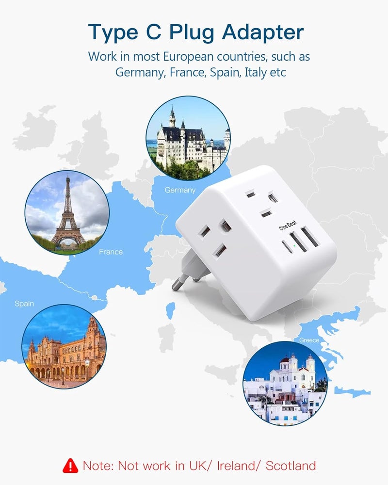 One Beat 2 Pack European Travel Plug Adapter, International Power Plug Adapter with 3 Outlets 3 USB Charging Ports(1 USB C), Type C Plug Adapter Travel Essentials to Most Europe EU Spain Italy France Germany - Image 3